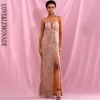 Spring Tube Top Bodycon Rose Gold Glitter Klejony materiał Split Party Miax Dress LM82189 210602
