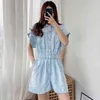 Fashion Light Blue Color Denim Jumpsuit Women Summer Batwing Short Sleeve Loose Playsuit Female Pockets Casual Jumpsuits 210515