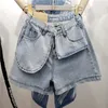 Sommar mode avslappnad elegant retro denim shorts kvinnlig hög midja bredben Kort design känsla av oregelbunden 210510