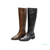 Ботинки 2021 Натуральная кожаная обувь Женщины Колено высокие Сплошные Цвета молния Низкие каблуки Мода езда женщина1
