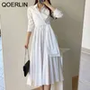 QOERLIN Minimalist French Elegant Lace Up Mid Length Dress Women White Pleated Dresses Long Sleeve ALine Shirts Vestidos Mujer 210412