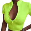 Women Casual Cotton T Shirts White Black Zipper V Ncek Crop Top Short Sleeve Summer Slim Sexy