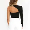 Instahot Sexy Um Algodão Algodão Colheita Sólida Tops Mulheres Casual Um ombro Backless Camiseta Elegant Stretchy Black Outfits Tees X0628