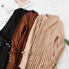 Autumn winter Slim Vintage Knitted Dress Women Casual Long sleeve Sweater Dress with belt Elegant A-line Pleated Dresses 210521