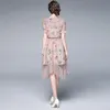 ファッション女性のドレスラウンドネック半袖メッシュフリル刺繍ミッドレングススカート高品質服210520