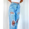 Damer streetwear jeans casual rak ben hög midja lösa passande rippade hål tunna kvinnor denim byxor feminino 210922