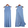 Geplooide vrouwen jurk ronde hals slanke achterkant split mouwloze dames zwart blauw elegant onregelmatig ES 2D3927 210526