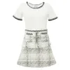 White Black O Neck Short Sleeve Top Empire Button Tweed Mini Skirt Two Piece Set Summer Women Small Fragrance T0133 210514