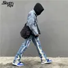 Mężczyźni Vintage niebieskie dżinsy dzwony kolor blok Patchwork Hi Street Caro spodnie jeansowe hiphopowy sweter Oversize workowate spodnie dżinsowe 211011