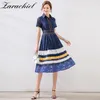 Summer Vintage Navy Blue Women Elegant Slim Short Sleeve Hollow Out Patchwork Striped Lace Female Midi Pleated Dress 210416