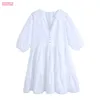 Women Western Style Doll Collar Sleeves V-neck Stitching Simple Loose Dress Vintage Solid Color Chic Female Mini Dress Vestidos 210507