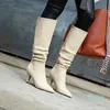 Boots Brand Design Women Knee High Spike Heel Pointed Toe Fashion Pleated Women's Shoes Black Red Beige