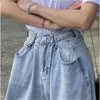 Sonbahar Yüksek Bel Geniş Bacak Denim Kot Pantolon Kadın Düğmeler Fly Fly Tam Boy Rahat Moda Katı Düz ​​Pantolon 210513