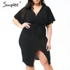 Sexy croix col en v grande taille robe femmes manches courtes fendu robes noires été stretch fête décontracté solide vestidos 210414