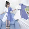 Robes d'enfants d'été pour filles princesse col rabattu vertical bleu blanc rayé t-shirt robe 4 5 6 7 8 9 10 11 12 13 14 ans Q0716