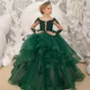Gorgeous Green Flower Girl Dresses Scoop Neck Appliqued Beaded Long Sleeves Pageant Gowns Ruffle Tiered Sweep Train Birthday