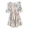 Holiday Spliced Cascading Ruffles Floral Print Swing Mini Dress Vintage Woman Elastic Waist Short Puff Sleeve Dresses 210429