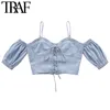 TRAF femmes Sexy mode cordon attaché Denim recadrée Blouses Vintage dos nu fermeture éclair bretelles femmes chemises Chic hauts 210415