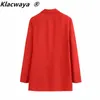 Klacway ZA 여성 블레이저 2021 여름 붉은 린넨 인쇄 커프스 레이디 사무용 정장 코트 빈티지 긴 소매 재킷 캐주얼 여성 탑스 X0721