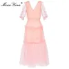 Summer Fashion Pink Polka dot print Long Dress Women V-neck Short sleeve High waist Beaded Elegant Party 210524