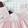 Été mignon coton barboteuse bandeau deux pièces enfants broderie dentelle combinaison bébé vêtements 210417