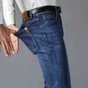 Katoen nieuwe zakelijke heren klassieke denim jeans zwart blauw zomer lente slanke broek broek hoge stretch mode mager mannelijke broek 210330