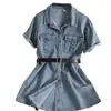 Fashion Denim Korean shirt dress jacket spring summer casual denim bag hip vintage solid color pocket mini with belt 210420