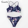 SEASELFIE Sexy Cutout Low-waist Bikini Sets Swimwear Women Swimsuits Bathing Suit Navy Floral Tank Bikinis Beachwear 210702