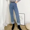 Jeans a vita alta Denim Donna Casual larghi blu Pantaloni dritti da donna a gamba larga Bottoni Mamma 210515