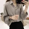 Koreansk stil puffhylsa kvinnor skjortor blouses vårplaid skjorta toppar kvinnliga plus storlek blus kläder blusas 8809 210512