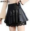 Frauen Rüschen Hohe Taille Rock Herbst Weibliche Sexy Party Schwarz PU Leder Kurze Röcke Spitze Patchwork Mini Tutu Röcke Plus größe 210412