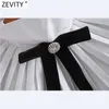 Zevity Women Sweet Bow Dekoration Svart Vit Patchwork Smock Blus Kontor Ladies Pläterad Casual Shirts Chic Blusas Tops LS7418 210603