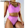 Ingaga High Waist Bikinis Ruffle Kvinnors baddräkter Push Up Biquini Sexiga Cut Badkläder Badkläder Strandwear 210625