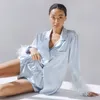 Tüyler Pijama Kadınlar 2 Parça Set Uzun Kollu Turn Down Yaka Üst Cepler Sonbahar Rahat Gece Şort Saten 211112