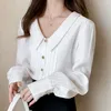 秋の長袖韓国風のオフィスの女性の女性のブラウスエレガントなビンテージポロ襟白いシャツRopa de Mujer 10576 210521