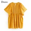 Women Sweet O Neck Cotton Embroidery Mini Dress Summer Hollow Out Yellow es Flare Short Sleeve Holiday Casual 210515