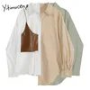 YitimuCeng Patchwork Asymetryczna bluzka Kobiety Przycisk Koszule Luźne Wiosna Moda Ubrania Długie Rękaw Neck Topy 210601