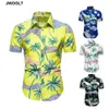 Sommar ny mode regelbunden fit casual skjortor kort ärmknapp ner svart vit hawaiian ptropisk palmträd skjorta 210412