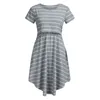 Maternity Striped Dress Maternity Round Collar Stripes Fulltryck Vit knälängd Oregelbunden Kjol Kortärmad Nursing Dress G220309