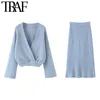 TRAF Women Fashion Office Wear Two Pieces Sets Gebreide bijgesneden Wrap Trui Hoge Elastische Taille Rokken Vrouwelijke Jumpers 210415
