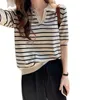 Striped Loose Retro Polo Shirt Kortärmad Sticka Topp Sommar Koreansk Fashion Damkläder 210520