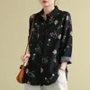 Johnature Outono retro impressão bordado colarinho colarinho manga comprida camisa de moda solta lazer todas as mulheres tops 210521
