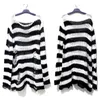 Punk Gothic Long Unisex Sweater Summer Women Striped Cool Hollow Out Hole Broken Jumper Loose Rock Thin Dark Streetwear Top 211007