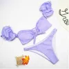 Púrpura de un hombro con cordones Bikini Set Trajes de baño Bikinis sólidos Mujer Push Cordón Traje de baño Tie Traje de baño 210629
