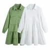 Spring Green Blouses Robe Femme Double Poches Cascade Volants Mini Femelle Blanc ES 210421