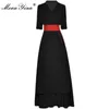 Summer Fashion Runway Designer Dress Women V Neck Half sleeve Belted High waist Slim Balck Midi Vestidos 210524