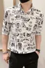 Chinese Character Print Shirts Men Summer Short Sleeve Streetwear Shirts Slim Casual Social Shirt Party Nightclub Chemise Homme 210527
