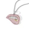 Tone Color Micro Pave Pink Cubic Zirconia Druppel Lip Hanger Ketting Iced Out Bling 5mm CZ Tennis Ketting voor Vrouwen HipHop Sieraden Kettingen