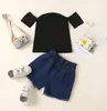 Ensemble de vêtements d'été pour petites filles, T-shirt à manches courtes et Short en Denim, noir uni, épaules dénudées, tenues en jean