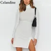 Celandine Autumn Winter 2021 Sexy Bodycon Split Mini Sweater Dress Women Black White Long Sleeve Turtleneck Knitted Dresses Casual